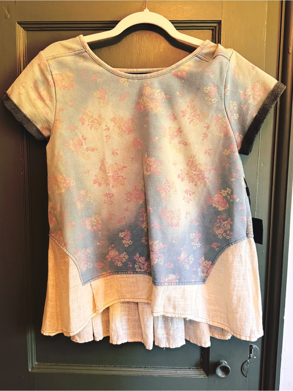 Sample Piece Chambray Blue and Pink Floral Layered Top with Linen Cream Hem NWT